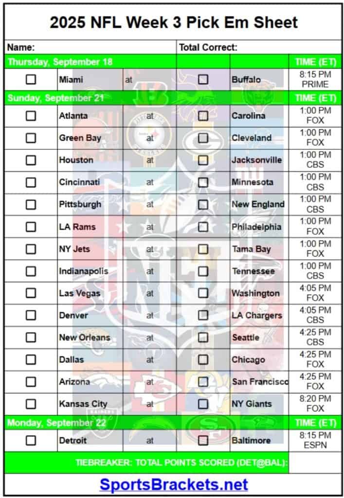 2025 NFL Week 3 Pick Em Sheet