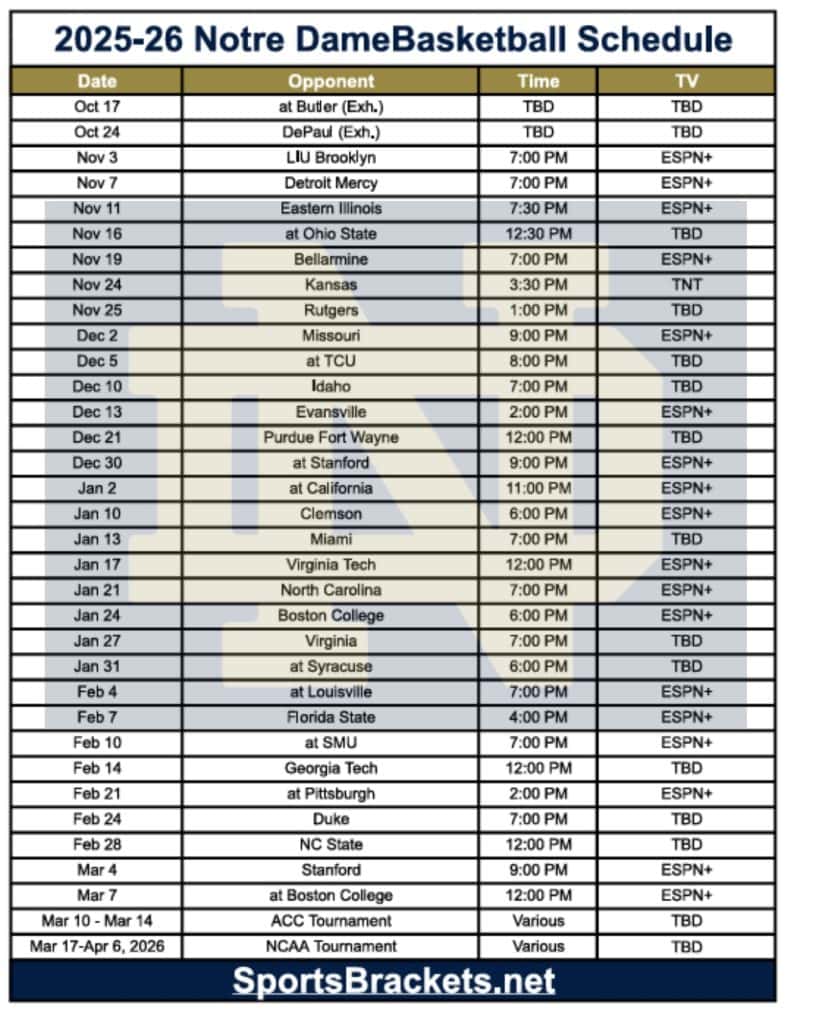 Printable 2025-26 Notre Dame Basketball Schedule - Sports Brackets Printable 2025-26 Notre Dame Basketball Schedule