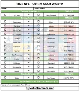 2025 NFL Pick Em Sheet Week 11