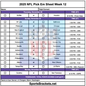 Printable 2025 NFL Pick Em Sheet Week 12