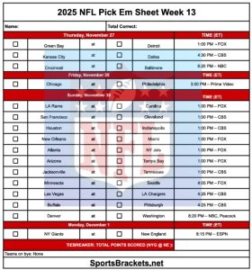 2025 NFL Pick Em Sheet Week 13