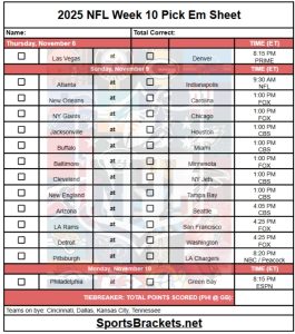 Printable 2025 NFL Week 10 Pick Em Sheet