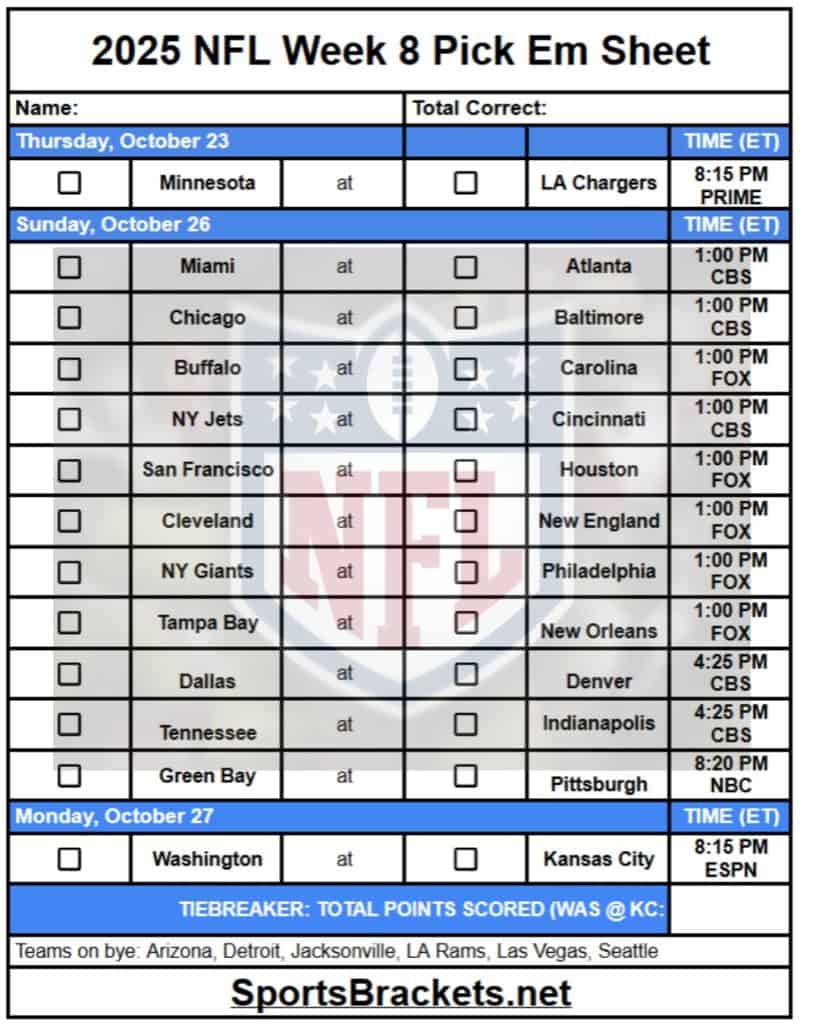 Printable 2025 NFL Week 8 Pick Em Sheet