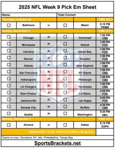 2025 NFL Pick Em Sheet Week 9