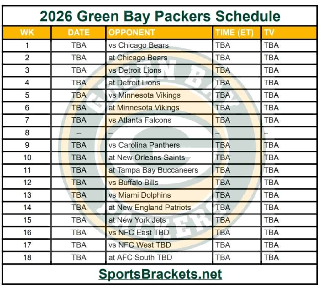 Printable 2026 Green Bay Packers Schedule - Sports Brackets Printable 2026 Green Bay Packers Schedule
