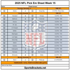 2025 NFL Pick Em Sheet Week 15