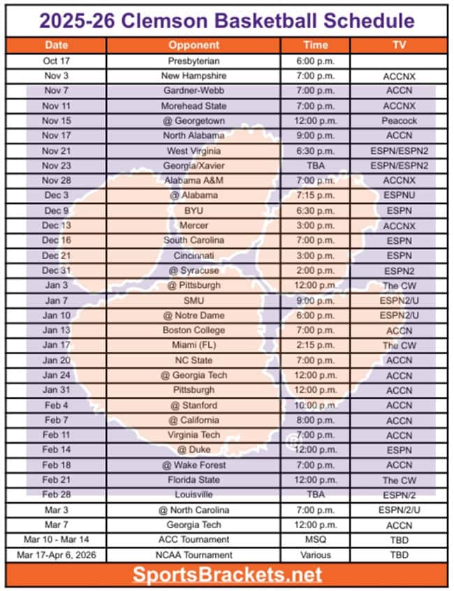 Printable 2025-26 Clemson Basketball Schedule; PDF format, TV Broadcasts