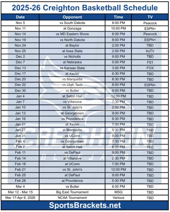 Printable 2025-26 Creighton Basketball Schedule