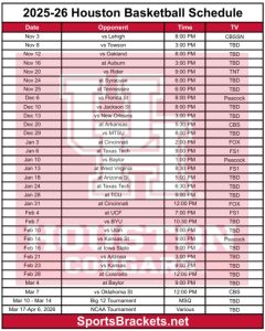 Printable 2025-26 Houston Basketball Schedule