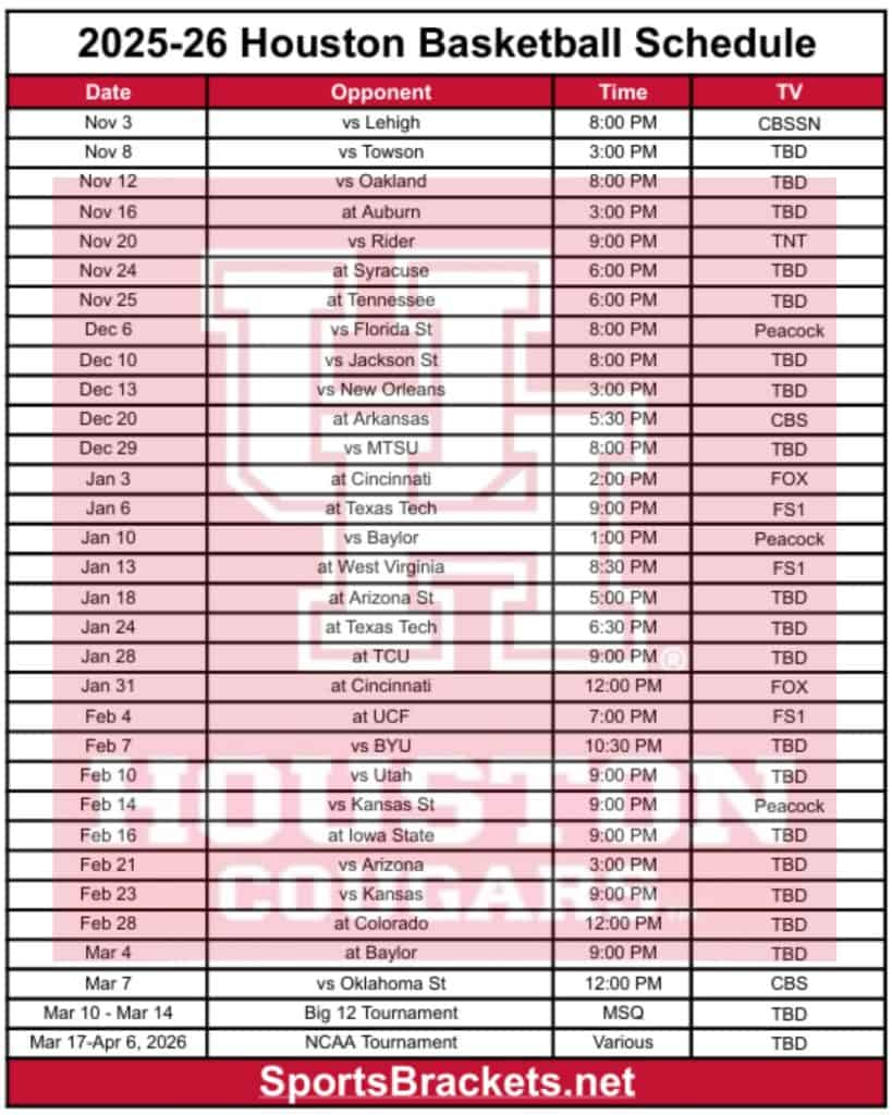 Printable 2025-26 Houston Basketball Schedule