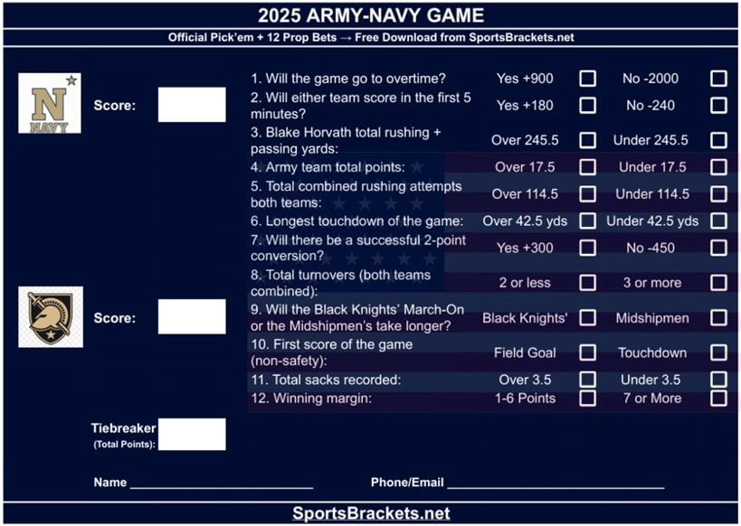 Printable 2025 Army-Navy Game Prop Sheet - Sports Brackets Printable 2025 Army-Navy Game Pick’em Sheet