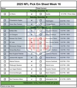 2025 NFL Pick Em Sheet Week 16; Printable, PDF Format