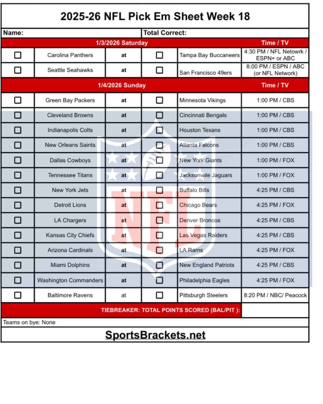 Printable 2025 NFL Week 18 Pick Em Sheet