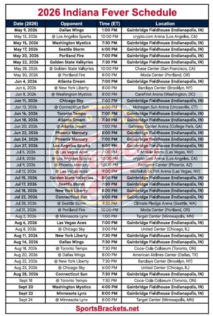 Printable 2026 Indiana Fever Schedule Update - Sports Brackets Printable 2026 Indiana Fever Schedule