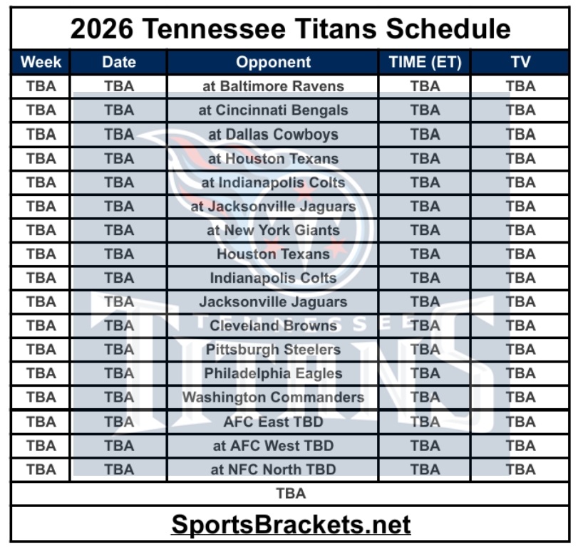 2026 Tennessee Titans Schedule: Dates, Times & TV Channels 2026 Tennessee Titans Schedule: Dates, Times & TV Channels
