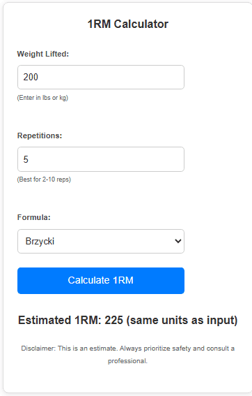 1RM Calculator tool example