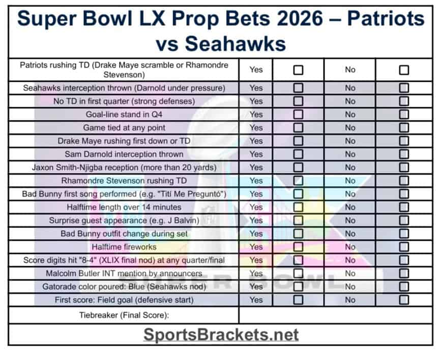 Printable Super Bowl LX Prop Bets 2026 - Sports Brackets Super Bowl LX Prop Bets 2026
