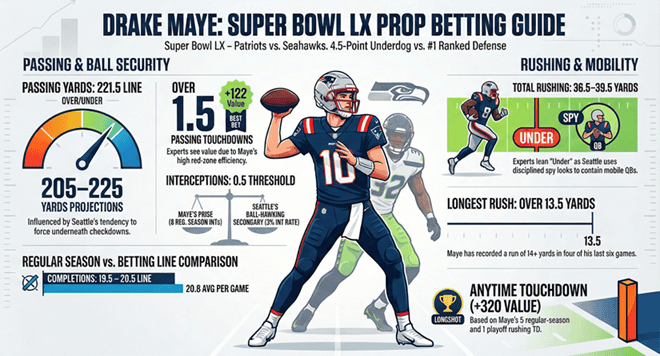 Top Super Bowl LX-rekwisieten voor Drake Maye: Passing Yards, TD, INT & Prediction