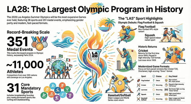Sport- en evenementenlijst Olympische Zomerspelen 2028: compleet overzicht van 36 sporten, medaille-evenementen, nieuwe toevoegingen en afdrukbare checklist (Los Angeles)