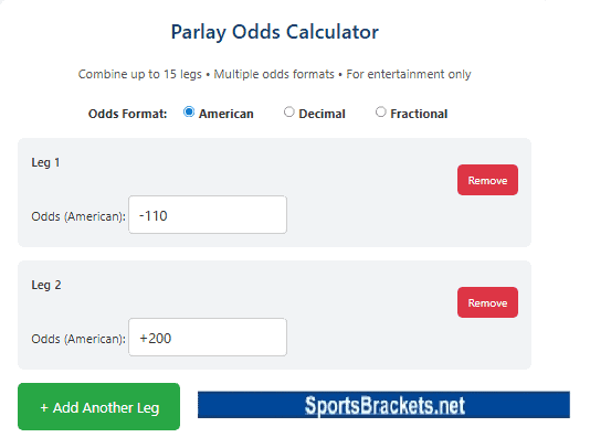 Screenshot of SportsBrackets.net free parlay odds calculator with American odds input for Super Bowl LX and March Madness bets