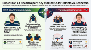 Read more about the article Super Bowl LX Injury Updates & Player Status: Patriots vs Seahawks Key Players (Emmanwori Ankle, Darnold Oblique, Maye Shoulder & More)