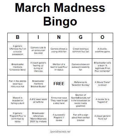 Sample 2026 March Madness Bingo Card showing squares like Cinderella Story and 12-seed lead at halftime