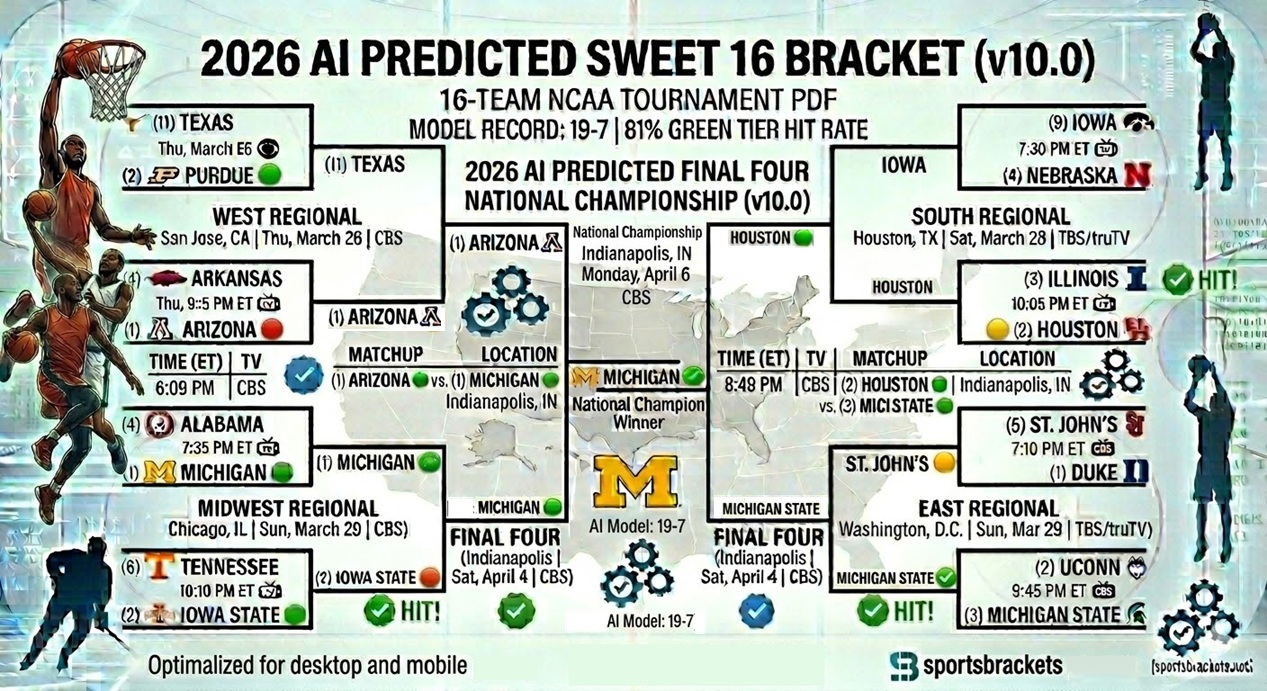 2026 AI Sweet 16 Bracket: het pad naar Indy voorspellen (19-7 modelrecord)