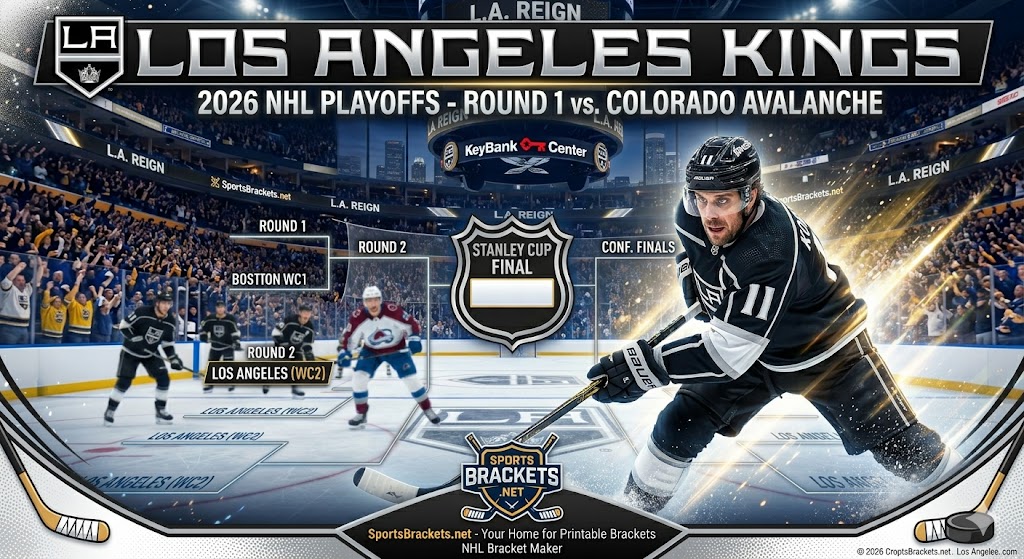 Los Angeles Kings hockey player on ice with a 2026 NHL Playoffs bracket graphic in the arena.