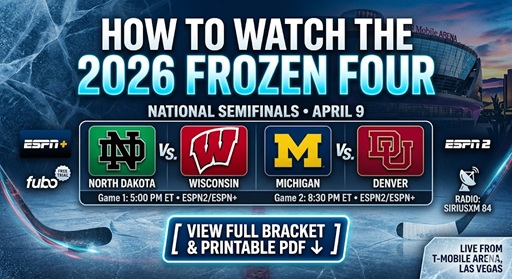 Hoe je Frozen Four 2026 kunt bekijken: tv-schema, streaming en halve finale-wedstrijden