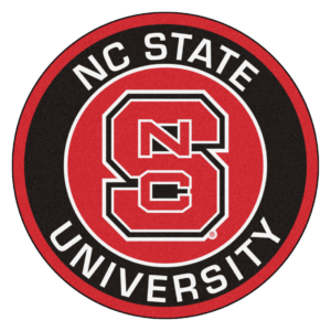 Round NC State University logo with red and black colors, featuring interlocked N and C letters in the center and the text 'NC STATE UNIVERSITY' around the edge
