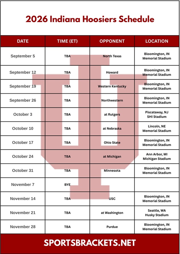 Afdrukbaar Indiana voetbalschema 2026 - Sportbeugel Afdrukbaar Indiana voetbalschema 2026