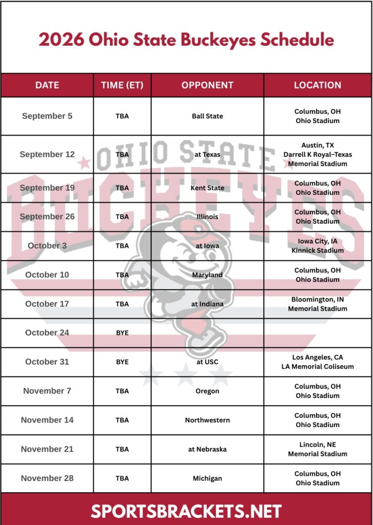Programma stampabile del calcio dell'Ohio State 2026