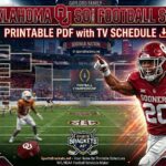 Promotional collage for 2026 Oklahoma football schedule printable PDF, with a Sooner player and bracket graphics.