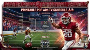 Promotional collage for 2026 Oklahoma football schedule printable PDF, with a Sooner player and bracket graphics.