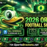 Promotional banner for 2026 Oregon Football Schedule with a green-yellow duck mascot, a packed stadium, and icons for PDF download and TV schedule.