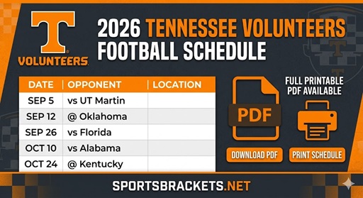 Voetbalschema Tennessee Volunteers 2026, afdrukbare PDF met tv-schema