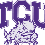 Purple 'TCU' wordmark with a jagged-edged horned frog mascot beneath.