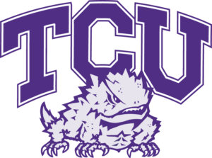Purple 'TCU' wordmark with a jagged-edged horned frog mascot beneath.