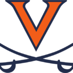 Virginia Cavaliers logo: orange V with navy outline and crossed sabers beneath.