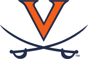 Virginia Cavaliers logo: orange V with navy outline and crossed sabers beneath.