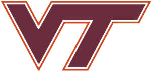 Virginia Tech Hokies logo: maroon VT letters with white and orange outlines.