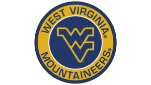 Circular WVU Mountaineers seal: blue center with gold interlocking WV letters, surrounded by a gold ring and 'West Virginia' text around the edge.
