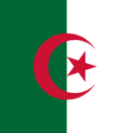 Flag of Algeria: vertical green and white fields with a red crescent and star above them.