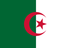 Flag of Algeria: vertical green and white fields with a red crescent and star above them.