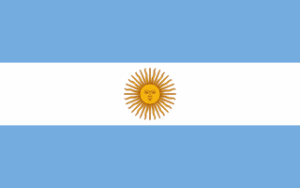 Flag of Argentina: light blue–white–light blue horizontal bands with the Sun of May centered in the white band.