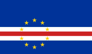 Flag of Cape Verde: blue field with a white and red horizontal band near the center and a circle of yellow stars toward the hoist.