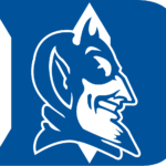 Duke Blue Devils mascot head silhouette in white on a blue background.