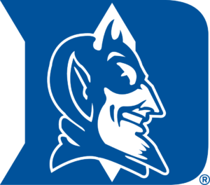 Duke Blue Devils mascot head silhouette in white on a blue background.