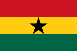 Flag of Ghana: three horizontal stripes red, gold, green with a black five-pointed star in the center of the gold stripe.