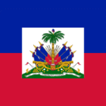 Flag of Haiti: blue and red horizontal bands with a white centered shield showing a palm tree, cannons, and flags with a motto ribbon.